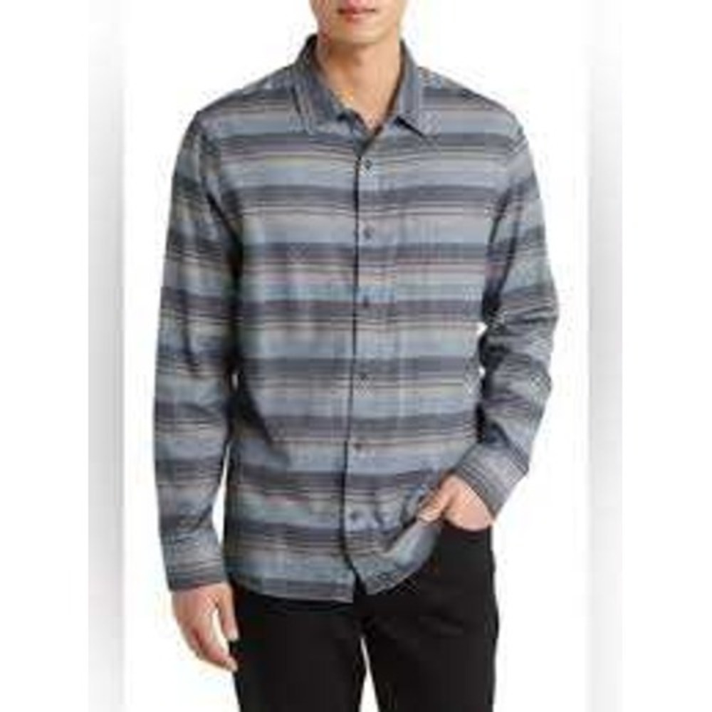 NWT TravisMathew Mens Cloud Flannel Stripe Shirt Black Stellar Blue 2XL 1MZ378